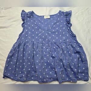 Anthropologie Everly Blue Chambrary Polka Dot Ruffle Baby Doll Top blouse Sz S